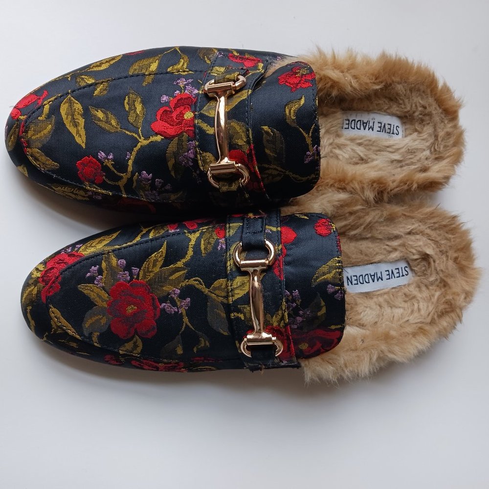 Steve Madden Black with red flowers faux fur lined mules.